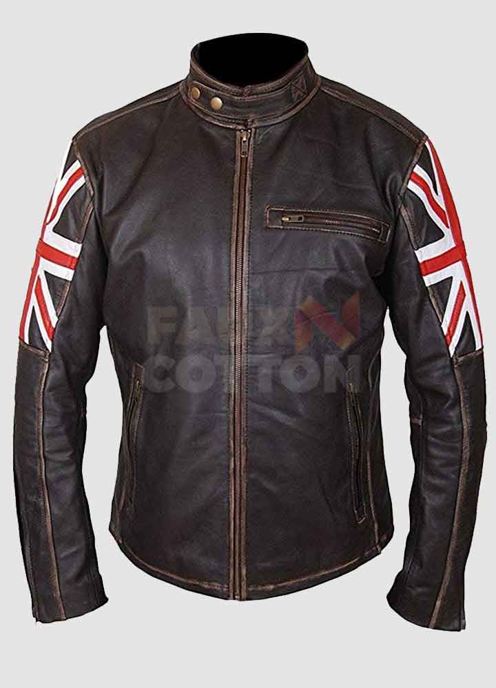 UK Flag Brown Distressed Leather Jacket